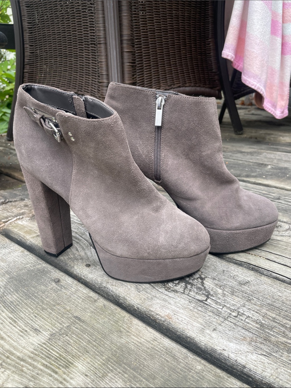 DV by Dolce Vita Taupe Suede Platform Booties with Buckle Accent